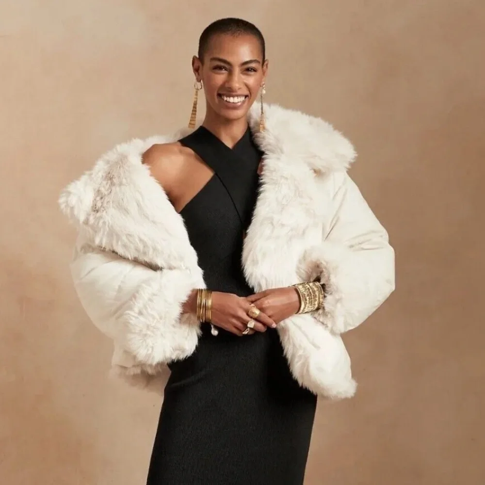 NWT! Banana Republic Transition Cream White Reversible Faux Fur Down Jacket